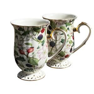 Leafy Blackberry Nature Printed Porcelain Mug Pair Pedestal Base